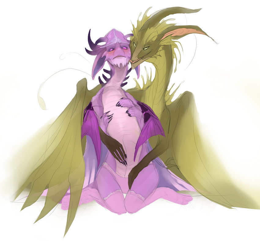 2013 ambiguous/ambiguous ambiguous_gender arcanist blush clothing digital_media_(artwork) dragon duo front_view gloves_(marking) glowing glowing_eyes green_body hi_res licking lightweaver long_ears markings membranous_wings purple_body sarvik scalie simple_background tongue tongue_out white_background wings