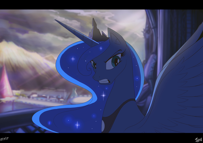 2017 angry blue_eyes blue_feathers blue_hair crown equine feathered_wings feathers female feral friendship_is_magic hair horn jewelry jowybean landscape looking_at_viewer mammal mountain my_little_pony my_little_pony_the_movie necklace outside princess_luna_(mlp) sky solo spread_wings winged_unicorn wings