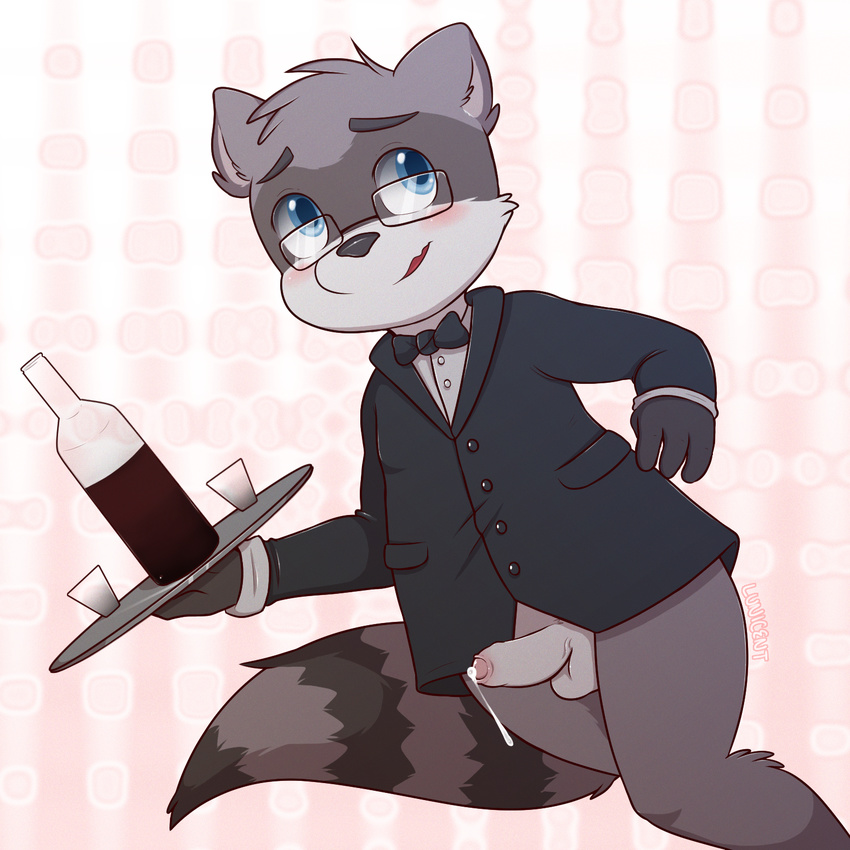 4_fingers alcohol balls beverage blue_eyes blush bottomless bow_tie clothed clothing erection eyewear foreskin glasses humanoid_penis jacket lunicent male mammal partially_retracted_foreskin penis precum raccoon simple_background solo standing uncut waiter wine