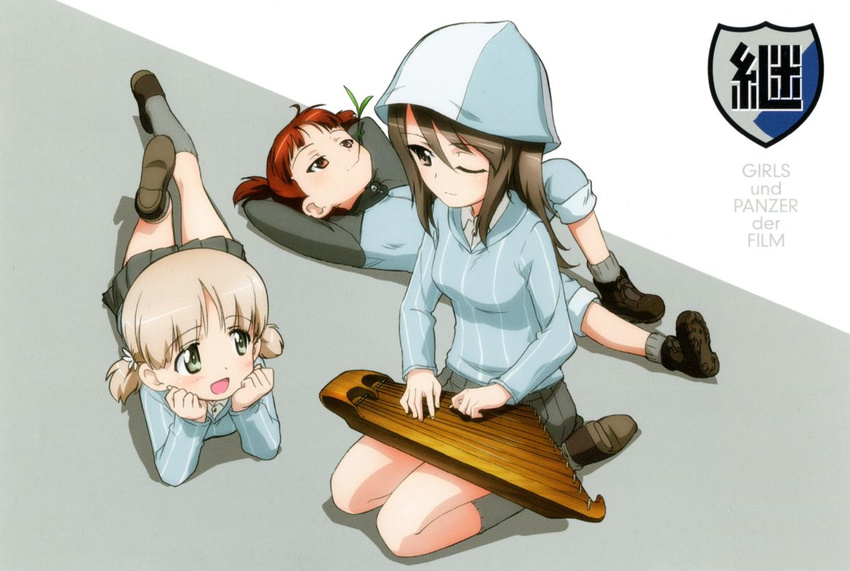 aki_(girls_und_panzer) ankle_boots arms_behind_back artist_request bangs blue_footwear blue_hat blue_jacket blue_shirt blue_skirt blunt_bangs boots brown_eyes brown_hair chin_rest closed_mouth copyright_name dress_shirt emblem english eyebrows_visible_through_hair girls_und_panzer green_eyes grey_legwear grey_skirt hair_tie hat holding holding_instrument instrument jacket kantele keizoku_(emblem) keizoku_military_uniform keizoku_school_uniform light_brown_hair light_smile loafers long_hair long_sleeves looking_at_another lying mika_(girls_und_panzer) mikko_(girls_und_panzer) military military_uniform miniskirt mouth_hold multiple_girls music official_art on_back on_stomach one_eye_closed open_mouth pants playing_instrument pleated_skirt raglan_sleeves red_eyes red_hair school_uniform seiza shirt shoes short_hair short_twintails sitting skirt smile socks striped striped_shirt track_jacket track_pants twintails two-tone_background uniform vertical-striped_shirt vertical_stripes white_shirt
