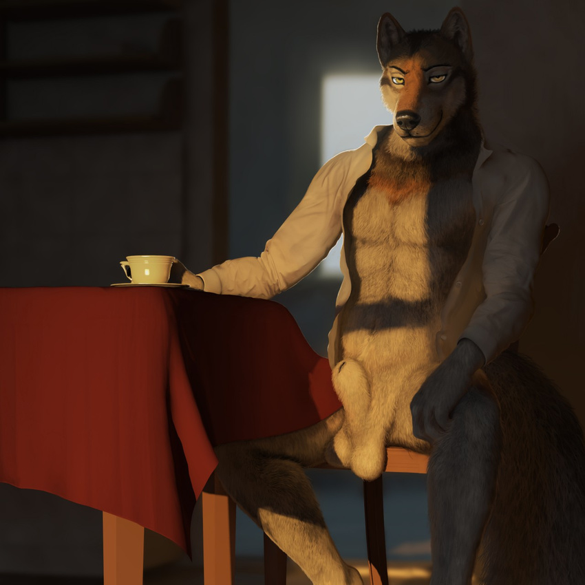 2017 abs amber_eyes animal_genitalia anthro balls black_nose brown_fur canine chair clothed clothing cup fully_sheathed fur grey_fur hand_on_thigh inside inviting looking_at_viewer major_wolf male mammal multicolored_fur muscular muscular_male nude open_shirt pecs presenting sheath shirt sitting smile solo spread_legs spreading table tea_cup virtyalfobo white_fur wolf yellow_eyes