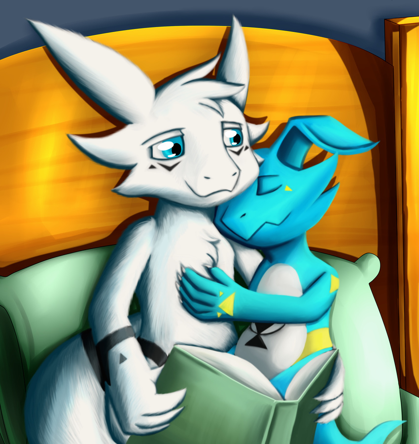 2017 absurd_res bed claws cuddling cute digimon dragon duo eyes_closed fairy_dragon fak&eacute;mon fan_character fanmon fur giramon guilmon heart-of-a-dragoness hi_res hybrid lemonynade lizard male minnow_(character) reading reptile scalie simple_background sleeping smile sven_(character) sven_the_giramon vee4eva veemon vmon white_fur