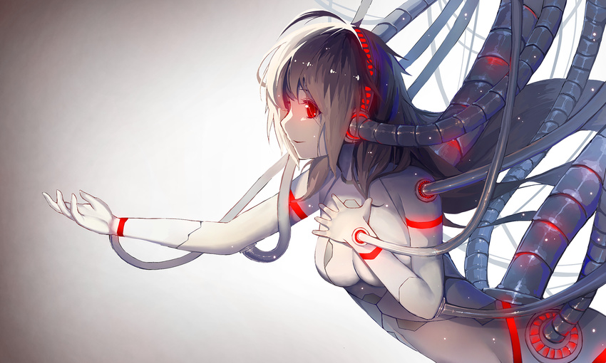 ahoge albino arched_back bangs bodysuit breasts cable cleavage commentary_request from_side gloves grey_hair hand_on_own_chest highres leaning_forward long_hair medium_breasts original outstretched_hand parted_lips red_eyes science_fiction sidelocks smile solo veilrain white_gloves