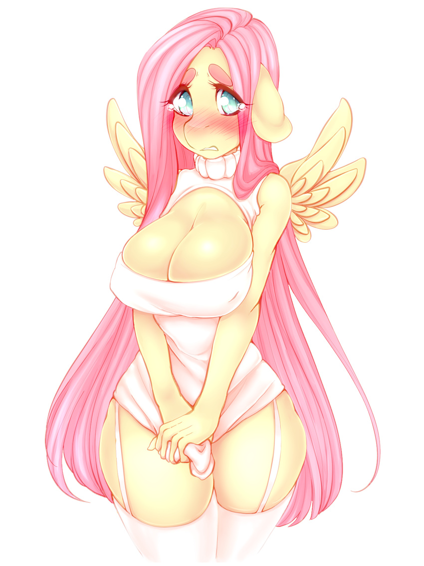 2017 anthro anthrofied blush breasts cleavage clothed clothing equine eyebrows eyelashes feathered_wings feathers female fluttershy_(mlp) friendship_is_magic hair legwear long_hair looking_at_viewer mammal my_little_pony pegasus pink_hair simple_background solo tolsticot white_background wide_hips wings