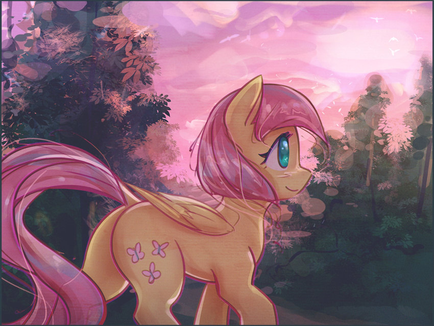 2017 cutie_mark equine feathered_wings feathers female feral fluttershy_(mlp) friendship_is_magic grass hair landscape mammal mirroredsea my_little_pony outside pegasus pink_hair sky smile solo tree wings