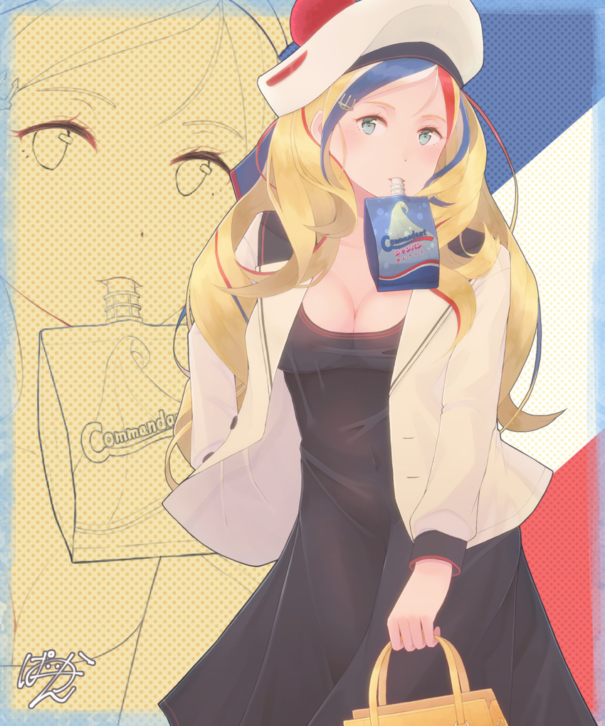 adapted_costume bag beret black_dress blazer blonde_hair blue_eyes blue_hair breasts cleavage commandant_teste_(kantai_collection) dress french_flag hat highres jacket juice_box kantai_collection large_breasts long_hair looking_at_viewer mouth_hold multicolored_hair paayan_(hagakinorock54) red_hair signature solo streaked_hair white_hair zoom_layer