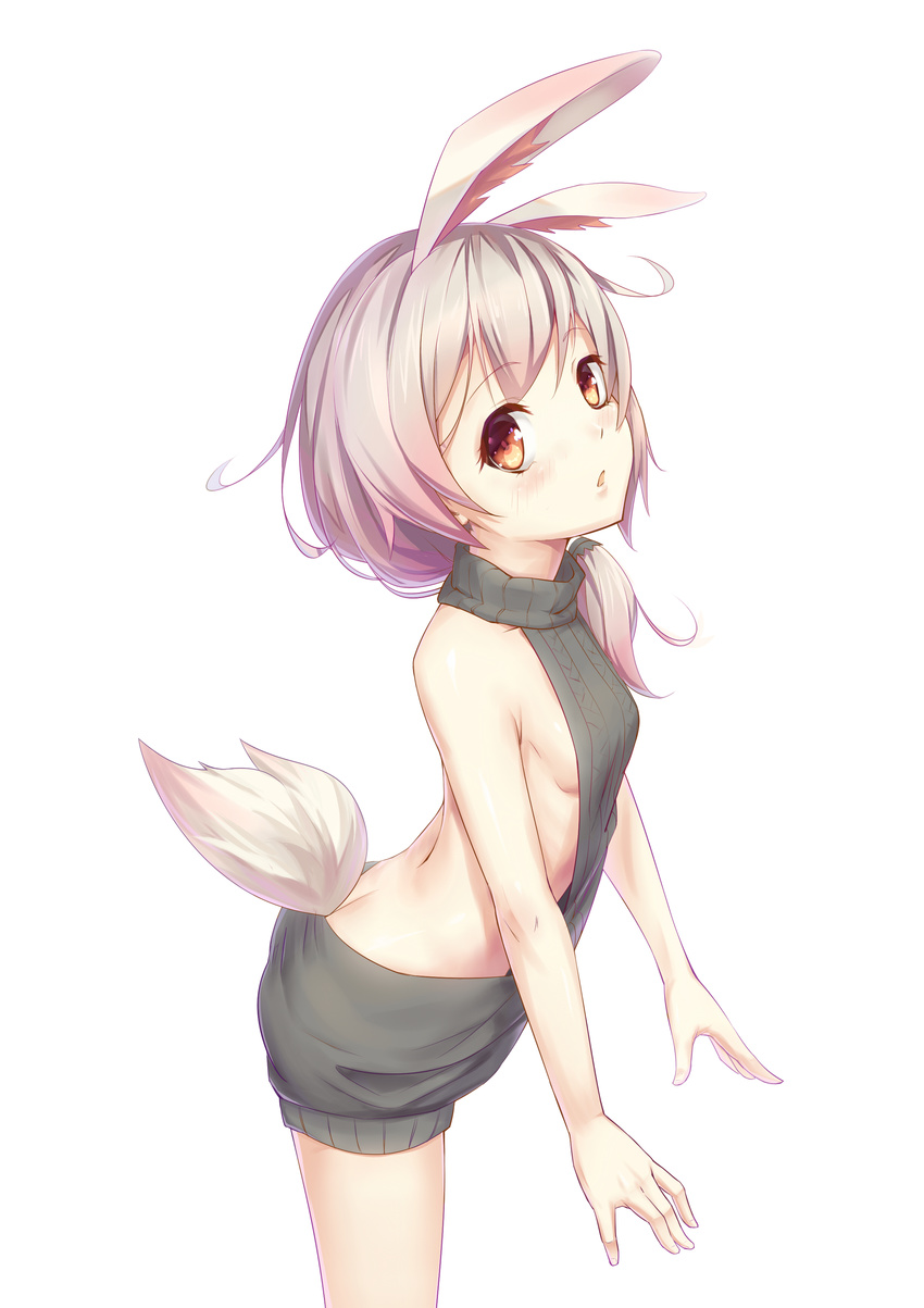 absurdres animal_ears backless_outfit bangs benghuai_xueyuan blush breasts brown_eyes bunny_ears butt_crack dress eyebrows_visible_through_hair from_side grey_hair grey_sweater hair_over_shoulder halterneck hei_huo_chong highres long_hair looking_at_viewer meme_attire naked_sweater parted_lips ribbed_sweater sideboob simple_background small_breasts solo sweater sweater_dress tail theresa_apocalypse turtleneck turtleneck_sweater virgin_killer_sweater white_background