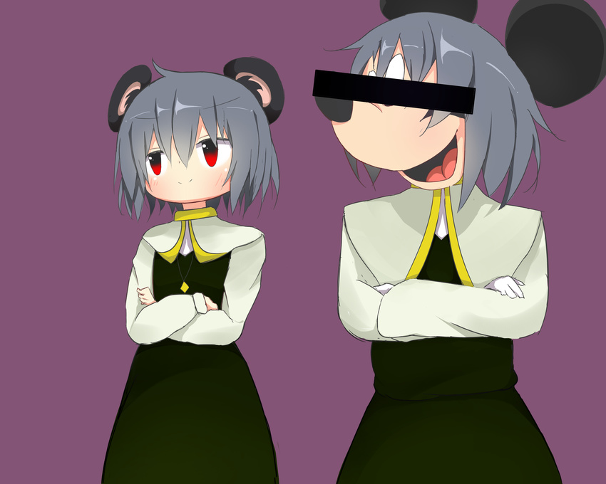 1girl akabeco animal_ears bar_censor blush censored closed_mouth cookie_(touhou) cosplay crossed_arms disney eyebrows_visible_through_hair furry grey_hair highres identity_censor long_sleeves looking_at_viewer looking_away mickey_mouse mickey_mouse_ears mouse_ears nazrin nyon_(cookie) nyon_(cookie)_(cosplay) open_mouth red_eyes short_hair smile tongue touhou