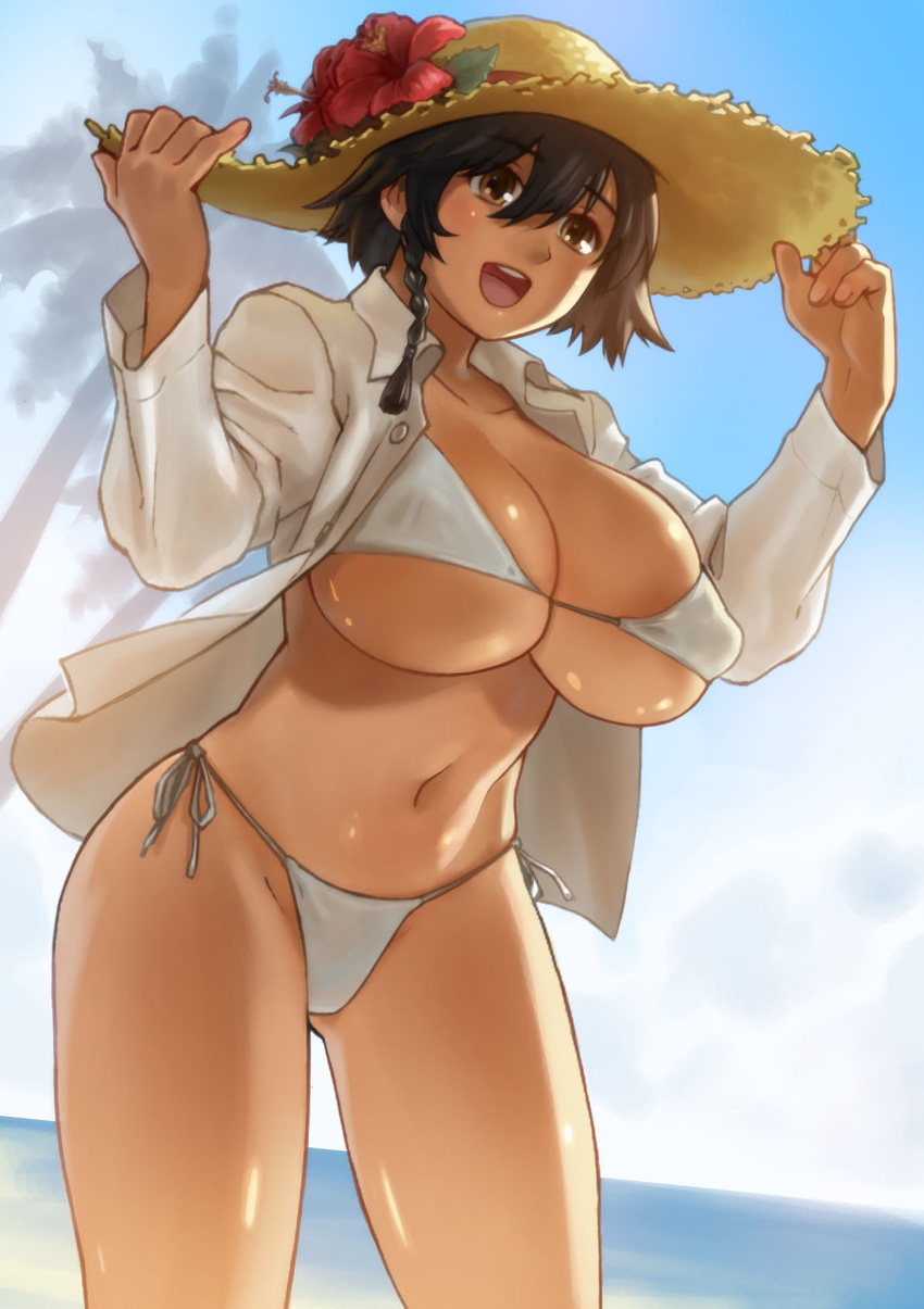 :d asakura_(narisokonai) ass_visible_through_thighs bare_legs beach bikini bikini_under_clothes black_hair braid breasts brown_eyes buttons collarbone collared_shirt commentary_request covered_nipples cowboy_shot day eyebrows_visible_through_hair fingernails flower hair_between_eyes hands_on_headwear hands_up hat hat_flower highres huge_breasts long_sleeves looking_afar narisokonai navel ocean open_clothes open_mouth open_shirt original outdoors palm_tree shiny shiny_skin shirt short_hair side-tie_bikini side-tie_bottom side_braid single_braid sky smile solo standing stomach straw_hat summer swimsuit tan tree unbuttoned unbuttoned_shirt white_bikini white_shirt wing_collar