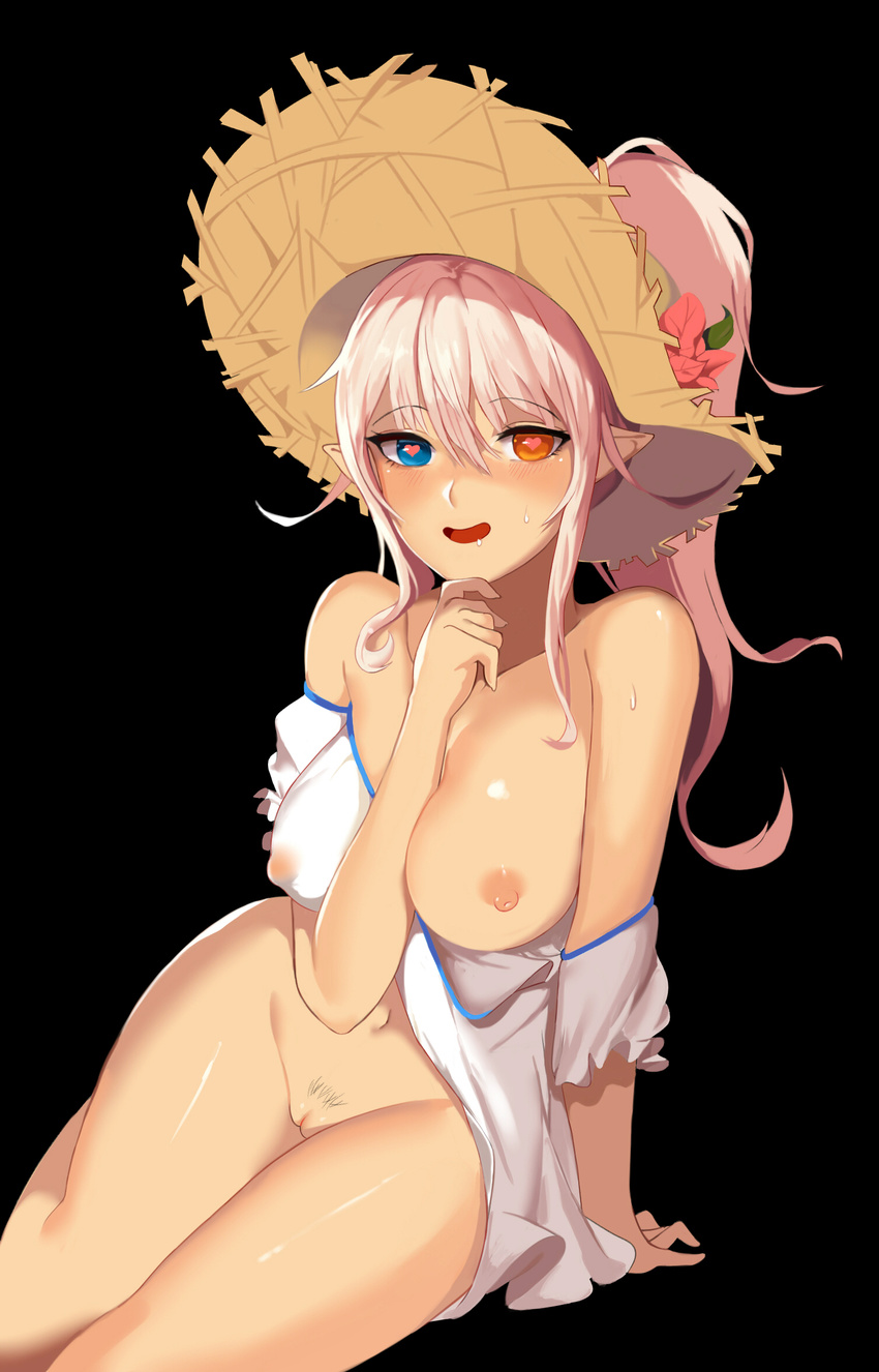 :d alternate_hairstyle arm_at_side arm_support bare_shoulders barefoot black_background blue_eyes blush bottomless breasts chaos_(dungeon_and_fighter) clothes_down collarbone dress dungeon_and_fighter fingernails flower hair_between_eyes hand_on_own_chin hand_up hat hat_flower heart heart-shaped_pupils heterochromia highres knight_(dungeon_and_fighter) large_breasts leaf long_fingernails long_hair looking_at_viewer md5_mismatch naughty_face nipples no_bra no_panties off_shoulder open_mouth orange_eyes pink_flower pink_hair pointy_ears ponytail pubic_hair puffy_short_sleeves puffy_sleeves pussy saliva shah short_dress short_sleeves sidelocks simple_background sitting smile solo straw_hat sun_hat sweat symbol-shaped_pupils teeth uncensored yokozuwari