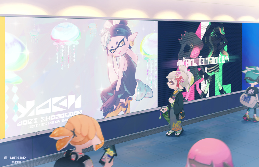 aori_(splatoon) bag blurry casual commentary_request covering_face crown dark_skin depth_of_field domino_mask dress earrings fingerless_gloves gloves green_hair hair_ornament headphones high_heels hime_(splatoon) hotaru_(splatoon) iida_(splatoon) inkling inkling_(language) japanese_clothes jellyfish jewelry kimono lipstick makeup mask mole mole_under_eye orange_hair phone pink_hair pointy_ears ponytail poster_(object) shirt shoes slippers smile sneakers splatoon_(series) splatoon_2 symbol-shaped_pupils t-shirt tentacle_hair tied_hair twitter_username umbrella walking yellow_eyes
