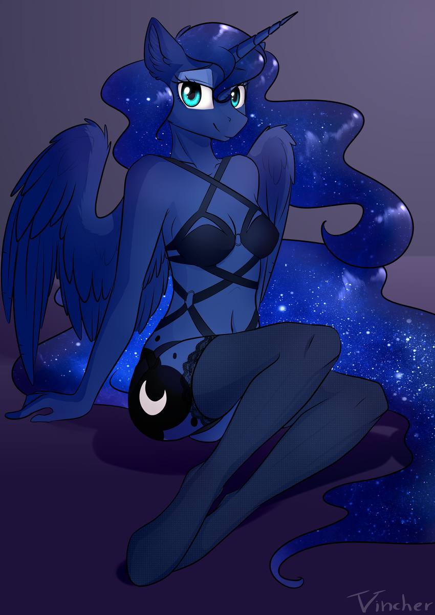 2017 anthro anthrofied blue_feathers blue_hair breasts clothed clothing cutie_mark equine feathered_wings feathers female friendship_is_magic hair hi_res horn legwear lingerie long_hair looking_at_viewer mammal my_little_pony navel princess_luna_(mlp) simple_background sitting smile solo thigh_highs vincher winged_unicorn wings