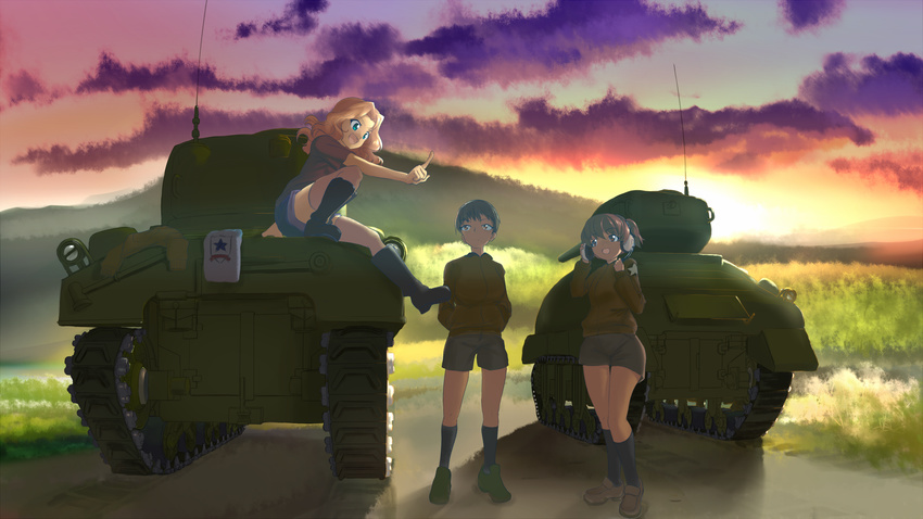 adjusting_headwear alisa_(girls_und_panzer) arm_support bangs black_footwear black_shorts blonde_hair blue_eyes blue_shorts boots brown_eyes brown_footwear brown_hair brown_jacket caterpillar_tracks cloud cloudy_sky commentary_request denim denim_shorts emblem girls_und_panzer grey_legwear ground_vehicle hair_intakes hands_in_pockets headphones highres jacket kay_(girls_und_panzer) kneehighs long_hair long_sleeves looking_at_another m4_sherman military military_uniform military_vehicle motor_vehicle multiple_girls naomi_(girls_und_panzer) open_mouth pointing saunders_(emblem) saunders_military_uniform shoes short_hair short_shorts short_twintails shorts sitting sky smile socks standing star sun sunlight sunset tank twilight twintails uniform very_short_hair yaburemono