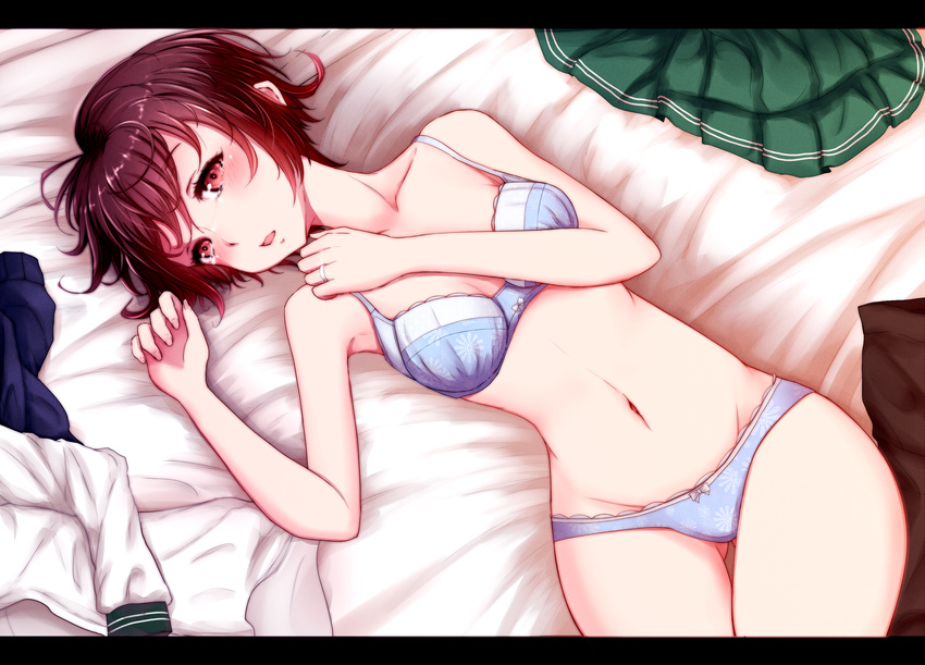 blue_bra blue_panties bra breasts brown_eyes brown_hair gradient_hair highres jacket jacket_removed jewelry kantai_collection lying multicolored_hair mutsuki_(kantai_collection) nuka_(nvkka) on_bed panties pantyhose pantyhose_removed red_hair remodel_(kantai_collection) ring shirt_removed short_hair skirt skirt_removed small_breasts solo tears underwear underwear_only wedding_band