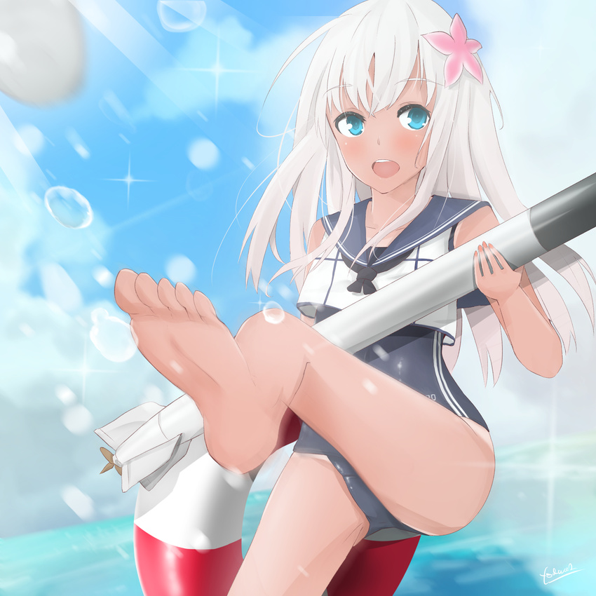 1girl aqua_eyes barefoot blush dark_skin feet highres kantai_collection lifebuoy long_hair looking_at_viewer one_leg_raised open_mouth ro-500_(kantai_collection) school_swimsuit serafuku silver_hair soles swimsuit toes torpedo water