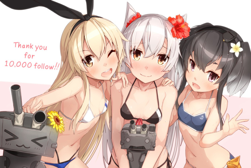 :d ;d adapted_costume amatsukaze_(kantai_collection) bikini black_bikini black_hair blush breasts brown_eyes closed_mouth collarbone eyebrows_visible_through_hair fang flat_chest flower girl_sandwich hair_flower hair_ornament hair_ribbon hairband halterneck hand_on_another's_shoulder hat hibiscus highleg highleg_bikini kantai_collection long_hair looking_at_viewer mini_hat multi-strapped_bikini multiple_girls navel one_eye_closed open_mouth outstretched_hand purple_eyes rensouhou-chan rensouhou-kun ribbon sandwiched shimakaze_(kantai_collection) short_hair_with_long_locks side-tie_bikini small_breasts smile sweat swimsuit takanashi_kei_(hitsujikan) thank_you tokitsukaze_(kantai_collection)