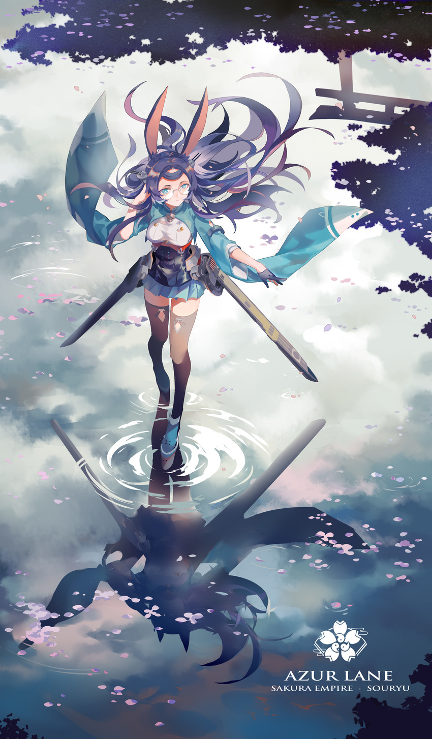 absurdres anchor animal_ears aqua_eyes azur_lane black_hair black_legwear breasts bunny_ears character_name cherry_blossoms chrysanthemum copyright_name flight_deck flower forest glasses gloves headgear highres japanese_clothes lingcat long_hair looking_at_viewer magatama medium_breasts nature partly_fingerless_gloves petals reflection single_glove skirt smile solo souryuu_(azur_lane) thighhighs torii tree water yugake