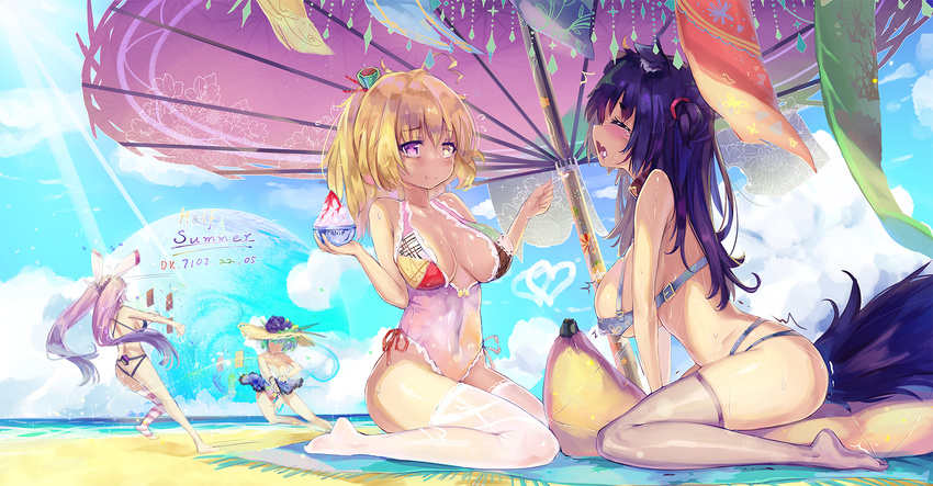 :t animal_ears artist_name ass banana_boat banana_pillow bangs beach beach_umbrella bikini blanket blonde_hair blush bowl breasts buckle casual_one-piece_swimsuit closed_eyes closed_mouth cloud collar commentary_request covered_navel covered_nipples dated day dk.senie drooling duel fang feeding green_hair hair_ornament hat heterochromia highres holding holding_bowl inflatable_toy large_breasts light_rays long_hair md5_mismatch micro_bikini multicolored multicolored_clothes multicolored_swimsuit multiple_girls no_shoes ocean one-piece_swimsuit one_side_up open_mouth original outdoors pillow planet ponytail purple_eyes purple_hair purple_legwear shaved_ice sheer_legwear signature single_thighhigh sitting skirt spell_card standing straddling straw_hat striped striped_legwear sun_hat sunbeam sunlight swimsuit tail tears thighhighs towel trembling twintails two_side_up umbrella very_long_hair wariza white_legwear yellow_eyes