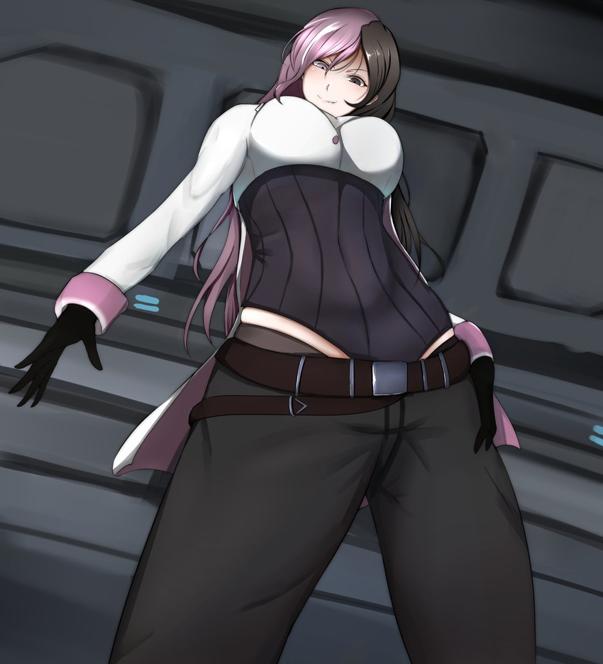 1girl blush breasts brown_eyes brown_hair covered_navel from_below gloves hand_on_hips heterochromia highres long_hair looking_at_viewer medium_breasts multicolored_hair neo_(rwby) pants pink_eyes pink_hair rwby smile solo two-tone_hair