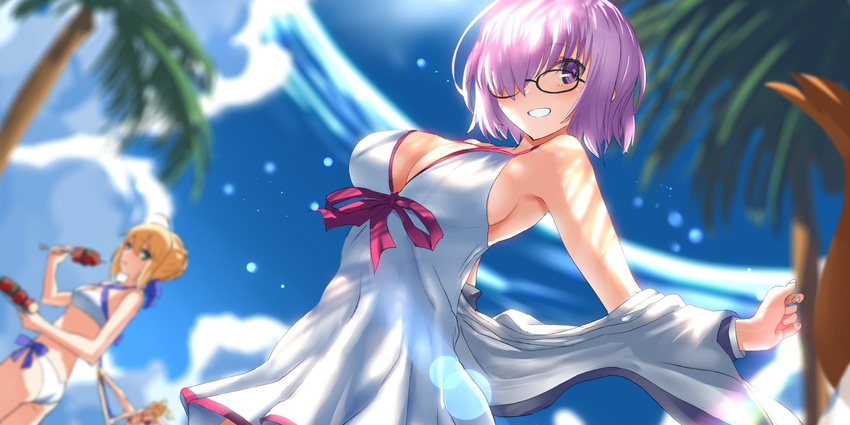 artoria_pendragon_(all) artoria_pendragon_(swimsuit_archer) ass bikini black-framed_eyewear blue_sky blurry bokeh breasts casual_one-piece_swimsuit cleavage covered_navel criss-cross_halter day depth_of_field dutch_angle eyebrows_visible_through_hair fate/grand_order fate_(series) food glasses grin hair_over_one_eye halterneck highres jacket kebab large_breasts looking_at_viewer mash_kyrielight mordred_(fate) mordred_(fate)_(all) mordred_(swimsuit_rider)_(fate) multiple_girls off_shoulder one-piece_swimsuit outdoors palm_tree purple_eyes purple_hair saber short_hair sideboob sky smile swimsuit swimsuit_of_perpetual_summer tail tree tsuuhan white_bikini white_swimsuit
