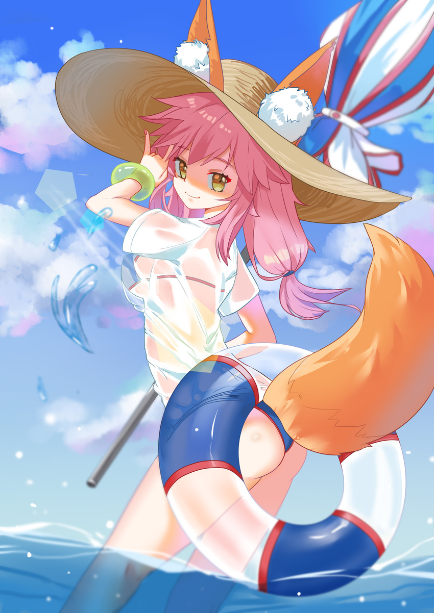 absurdres animal_ears bikini blue_bikini breasts cloud day dcual ears_through_headwear fate/extra fate/grand_order fate_(series) fox_ears fox_shadow_puppet fox_tail hat highres large_breasts long_hair looking_afar looking_at_viewer nail_polish nature ocean parasol pink_hair see-through sky solo standing sun_hat swimsuit tail tamamo_(fate)_(all) tamamo_no_mae_(fate) tamamo_no_mae_(swimsuit_lancer)_(fate) umbrella wading wet wet_clothes yellow_eyes