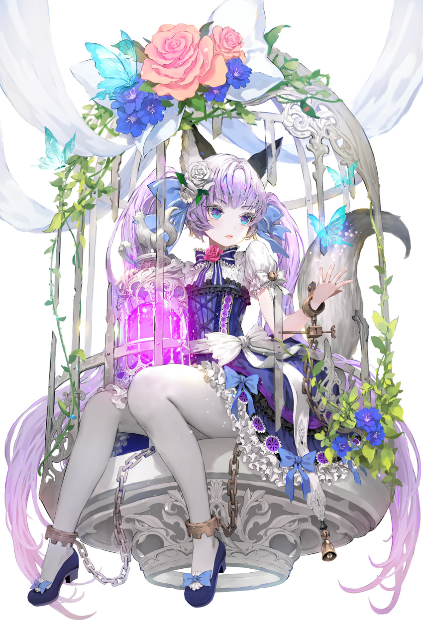 animal_ears bell bow bowtie bug butterfly cage chain cuffs dress eyelashes flat_chest flower fox fox_ears fox_tail hair_bow hair_flower hair_ornament hand_up high_heels highres in_cage insect jar jingle_bell lace lace-trimmed_dress light_particles lipstick lock lolita_fashion long_hair looking_to_the_side magic makeup original pale_skin pantyhose plant puffy_sleeves purple_eyes purple_hair rose shackles simple_background sitting solo tail tob twintails vines white_background white_legwear