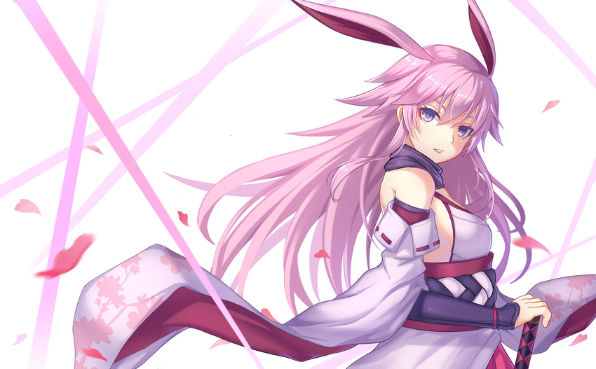 absurdres animal_ears arm_guards bangs benghuai_xueyuan breasts bunny_ears cherry_blossoms commentary_request detached_sleeves from_side highres japanese_clothes katana kuta_(shi_cai) long_hair looking_at_viewer medium_breasts parted_lips petals purple_eyes purple_hair ribbon-trimmed_sleeves ribbon_trim sash scarf solo sword upper_body weapon yae_sakura_(benghuai_xueyuan)