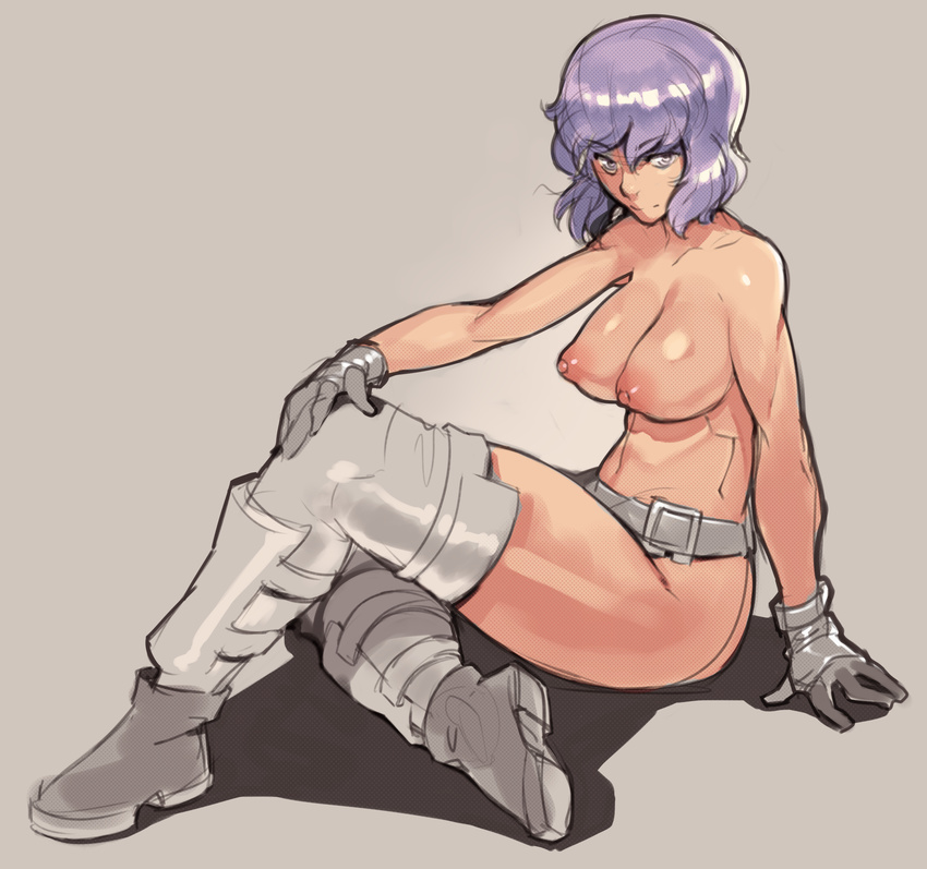 absurdres ankle_boots belt boots breasts full_body ghost_in_the_shell gloves highres kusanagi_motoko large_breasts nipples norasuko puffy_nipples purple_eyes purple_hair screentones short_hair sitting sketch solo thighhighs thighs topless