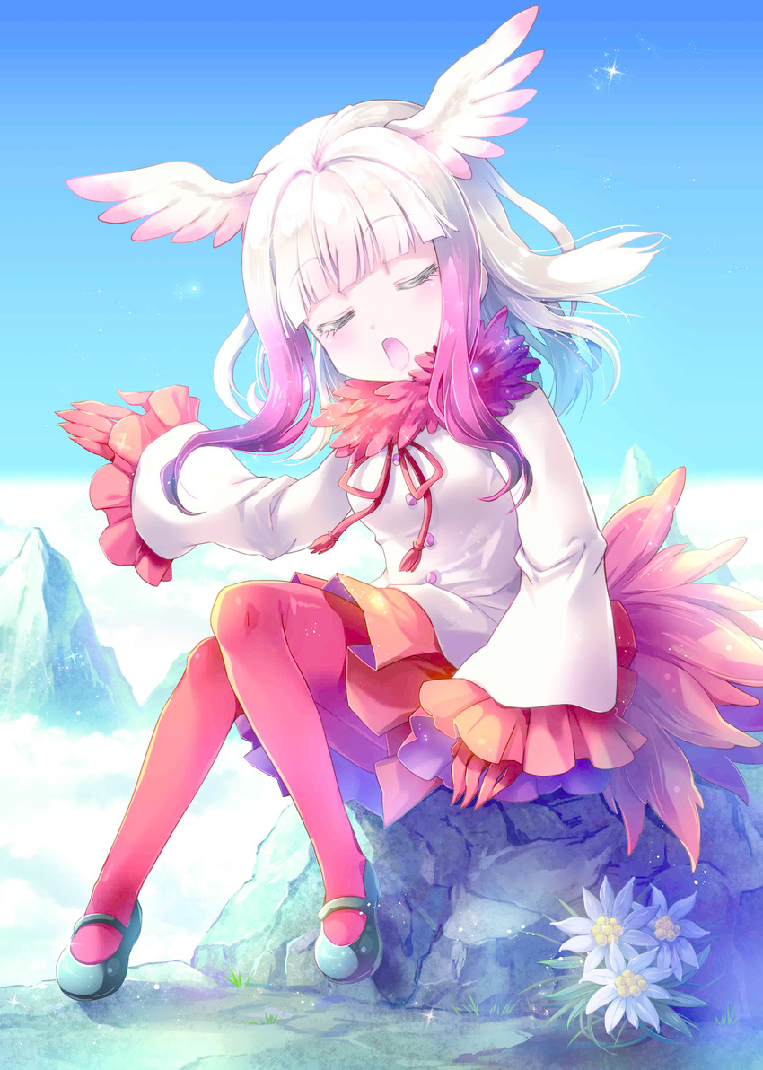 absurdres bangs blunt_bangs closed_eyes commentary_request day eyebrows_visible_through_hair flower frilled_sleeves frills fur_collar gloves gradient_hair highres japanese_crested_ibis_(kemono_friends) kemono_friends long_hair mary_janes multicolored_hair music open_mouth orange_skirt outdoors pantyhose purple_hair red_gloves red_legwear shoes sidelocks silver_hair singing sitting skirt solo white_flower white_hair yamadori_ofuu