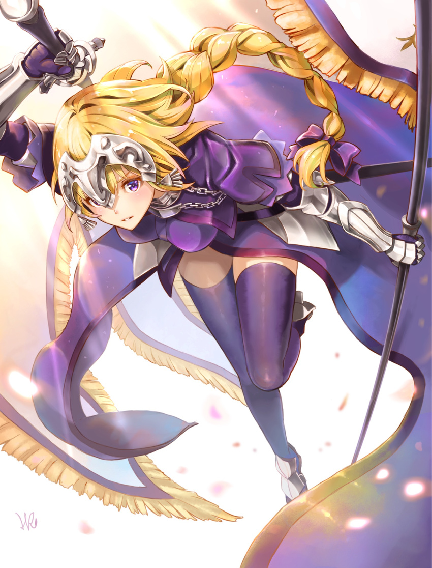 armor armored_boots bad_id bad_pixiv_id bangs blonde_hair blurry boots braid breasts cape chain commentary depth_of_field fate/apocrypha fate_(series) full_body gauntlets gloves hair_ribbon headpiece highres holding holding_weapon hoshizaki_reita jeanne_d'arc_(fate) jeanne_d'arc_(fate)_(all) long_hair looking_at_viewer medium_breasts parted_lips petals purple_cape purple_eyes purple_gloves purple_legwear purple_ribbon ribbon simple_background single_braid solo thighhighs weapon white_background