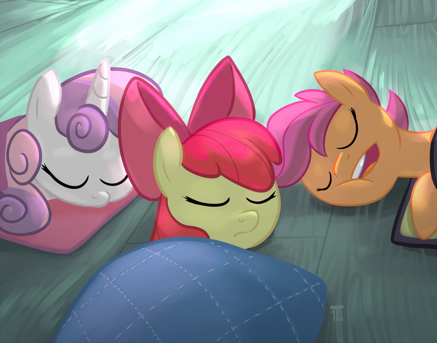 1trick 2017 apple_bloom_(mlp) cutie_mark_crusaders_(mlp) earth_pony equine eyes_closed friendship_is_magic group hair hair_bow hair_ribbon horse lying mammal multicolored_hair my_little_pony pony ribbons scootaloo_(mlp) sleeping sweetie_belle_(mlp) two_tone_hair young