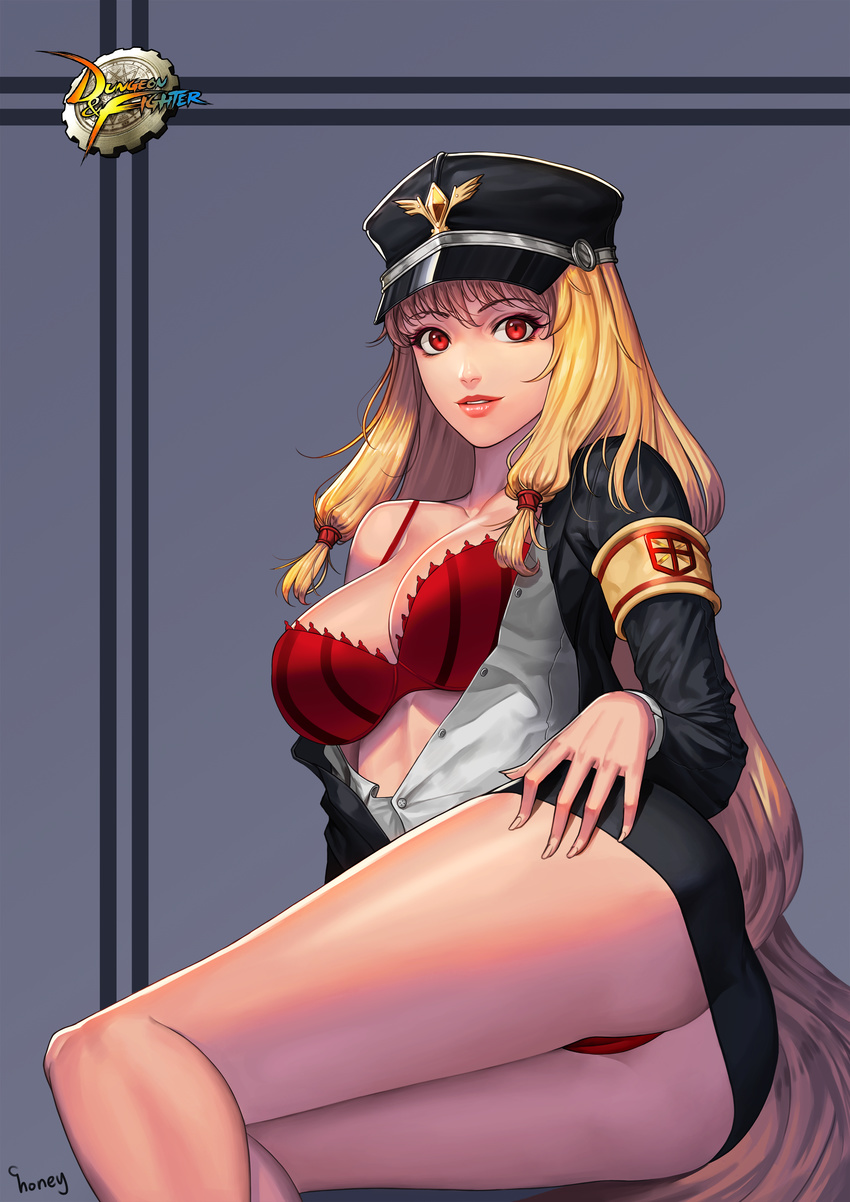 absurdres arm_at_side arm_support armband artist_name ass bangs black_hat black_jacket black_skirt blonde_hair bra breasts buttons choney collarbone copyright_name dress_shirt dungeon_and_fighter eyebrows_visible_through_hair eyelashes female_gunner_(dungeon_and_fighter) fingernails grey_shirt hair_ornament hair_tie hand_on_hip hat highres jacket legs_together long_fingernails long_hair long_sleeves looking_at_viewer lying maria_tr medium_breasts miniskirt nose on_side open_clothes open_jacket open_shirt panties pantyshot pantyshot_(lying) parted_lips peaked_cap pink_lips red_bra red_eyes red_panties shirt sidelocks skirt solo spaghetti_strap teeth underwear very_long_hair