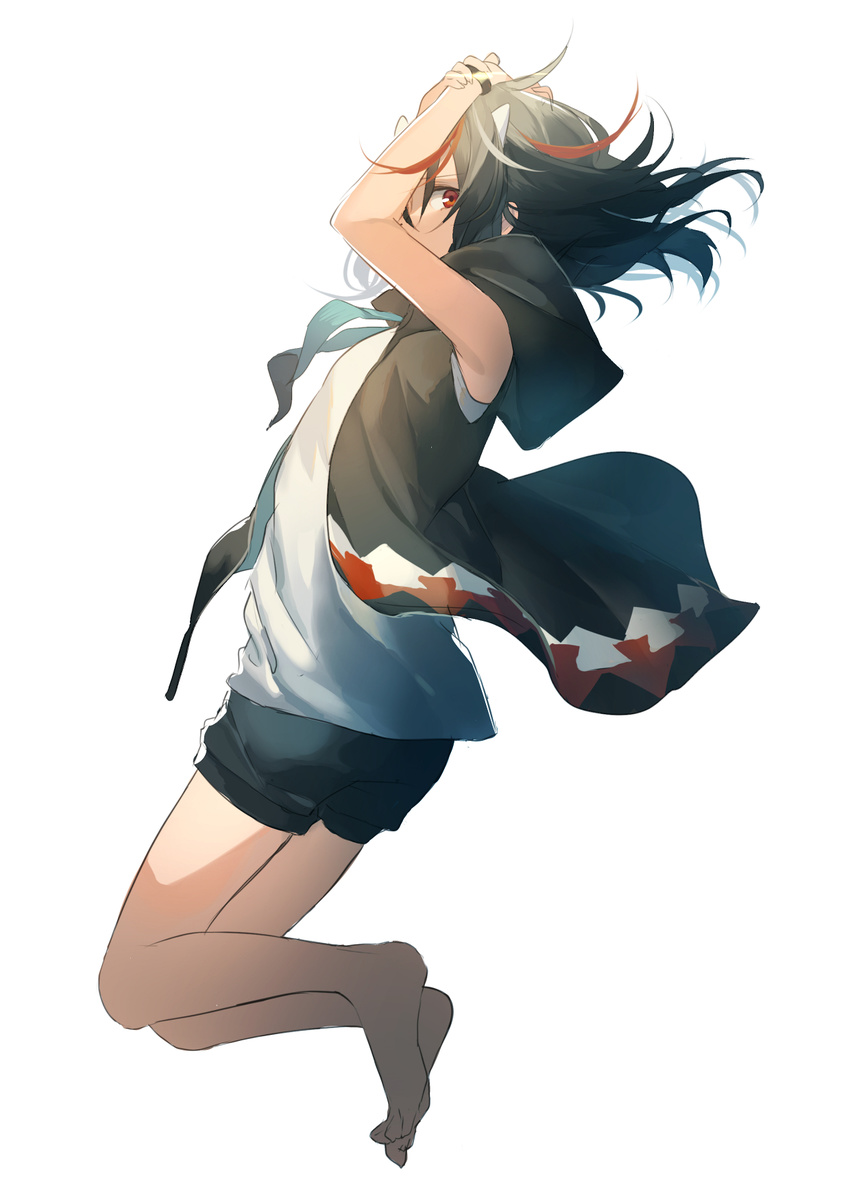 alternate_costume arms_up bare_arms barefoot black_hair commentary_request floating_hair full_body highres hood hood_down hooded_jacket horns jacket kijin_seija looking_at_viewer motsuba multicolored_hair profile red_eyes red_hair shirt short_shorts shorts simple_background solo streaked_hair touhou white_background white_hair white_shirt wind wind_lift wrist_cuffs