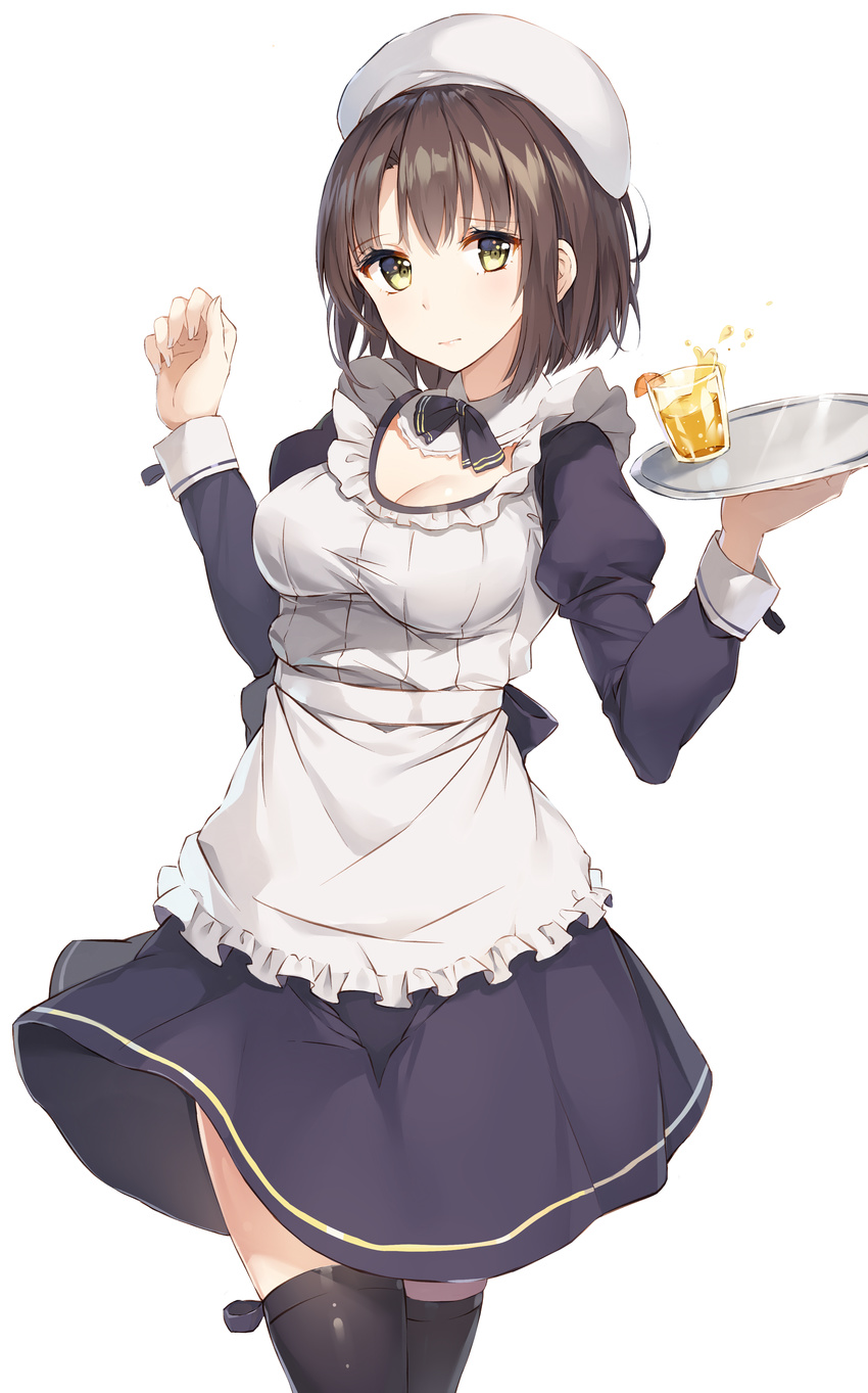absurdres apron bad_id bad_pixiv_id bangs beret black_legwear black_skirt blush breasts brown_hair closed_mouth cowboy_shot eyebrows_visible_through_hair frilled_apron frills hands_up hat highres holding holding_tray juliet_sleeves katou_megumi large_breasts light_smile long_sleeves looking_at_viewer maid outdoors puffy_sleeves rikoma saenai_heroine_no_sodatekata short_hair simple_background skirt solo thighhighs tray white_background yellow_eyes