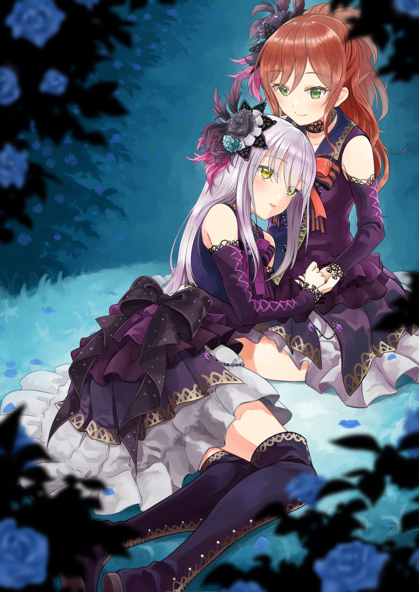 bang_dream! black_flower black_rose blue_flower blue_rose boots dress eyebrows_visible_through_hair flower green_eyes hair_flower hair_ornament highres himu_hifumi holding_hands imai_lisa knee_boots lips long_hair lying lying_on_person minato_yukina multiple_girls open_mouth red_hair red_ribbon ribbon rose silver_hair smile striped striped_ribbon thigh_boots thighhighs yellow_eyes yuri