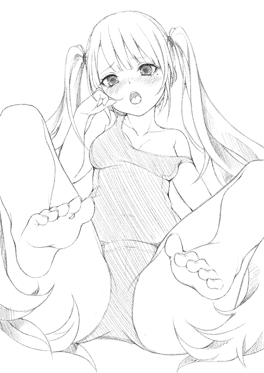 1girl absurdres barefoot beauty_mark blush feet long_hair looking_at_viewer monochrome open_mouth school_swimsuit sketch soles strap_slip toes twintails very_long_hair