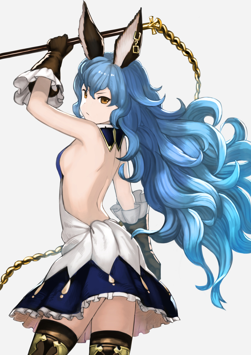 animal_ears back bare_shoulders blue_hair breasts brown_gloves brown_hair commentary earrings ferry_(granblue_fantasy) frills from_behind frown gloves granblue_fantasy highres holding_whip jewelry long_hair looking_at_viewer sideboob simple_background skirt small_breasts solo standing thighhighs wasabi60 white_background