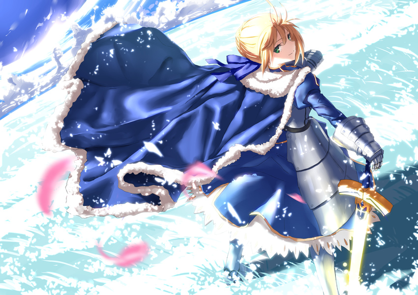 ahoge armor armored_dress artoria_pendragon_(all) blonde_hair blue_cape blurry cape cloud commentary_request depth_of_field excalibur fate/grand_order fate/stay_night fate_(series) gauntlets green_eyes highres petals saber smile solo sword tsuuhan weapon