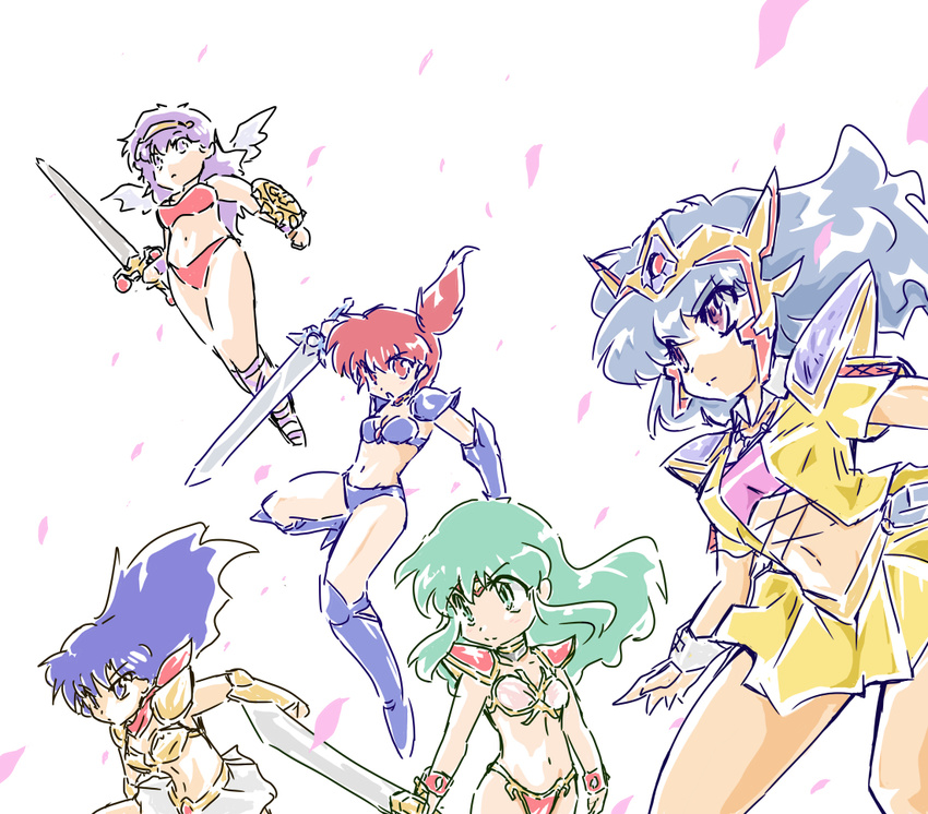 5girls 80s asagiri_youko asou_yuuko ayanokouji_rem bikini_armor blue_hair character_request copyright_request dream_hunter_rem fandora genmu_senki_leda green_hair long_hair mugen_senshi_valis mujigen_hunter_fandora multiple_girls okuri_ookami oldschool red_hair shield sword weapon