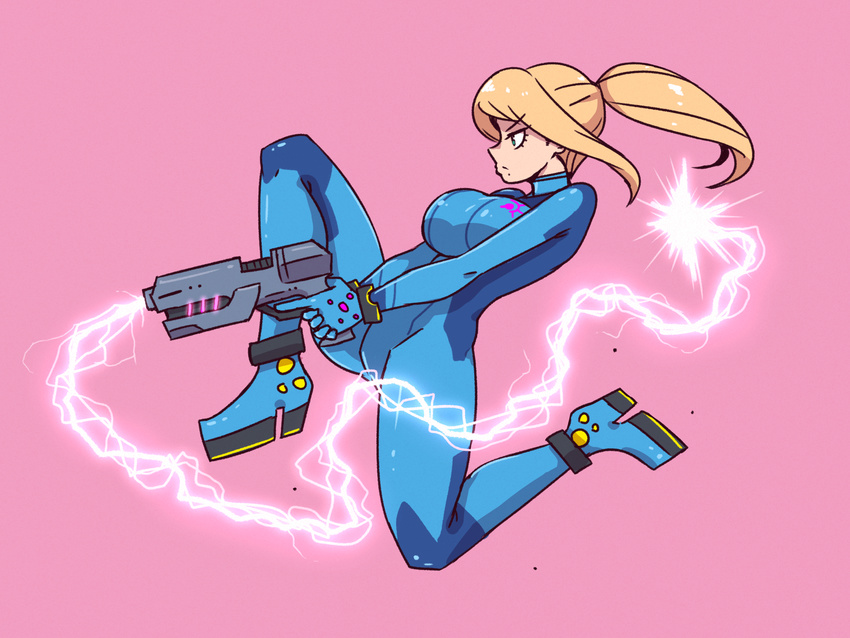 aiming akairiot ankle blonde_hair blue_bodysuit bodysuit bracelet breasts closed_mouth electricity emblem from_side frown full_body gloves green_eyes gun handgun high_heels high_ponytail highres holding holding_gun holding_weapon jewelry jumping knee_up large_breasts leaning_back looking_to_the_side metroid mole mole_under_mouth paralyzer pink_background ponytail profile samus_aran serious sidelocks simple_background solo stun_gun super_smash_bros. trigger_discipline turtleneck v_arms weapon zero_suit