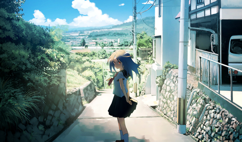 arms_behind_back black_skirt blouse blue_sky bush closed_mouth cloud cloudy_sky commentary_request day grey_hair highres inami_hatoko kneehighs long_hair looking_at_viewer looking_back neckerchief original outdoors path pleated_skirt power_lines red_eyes red_neckwear road scenery school_uniform serafuku short_sleeves skirt sky solo standing white_blouse white_legwear