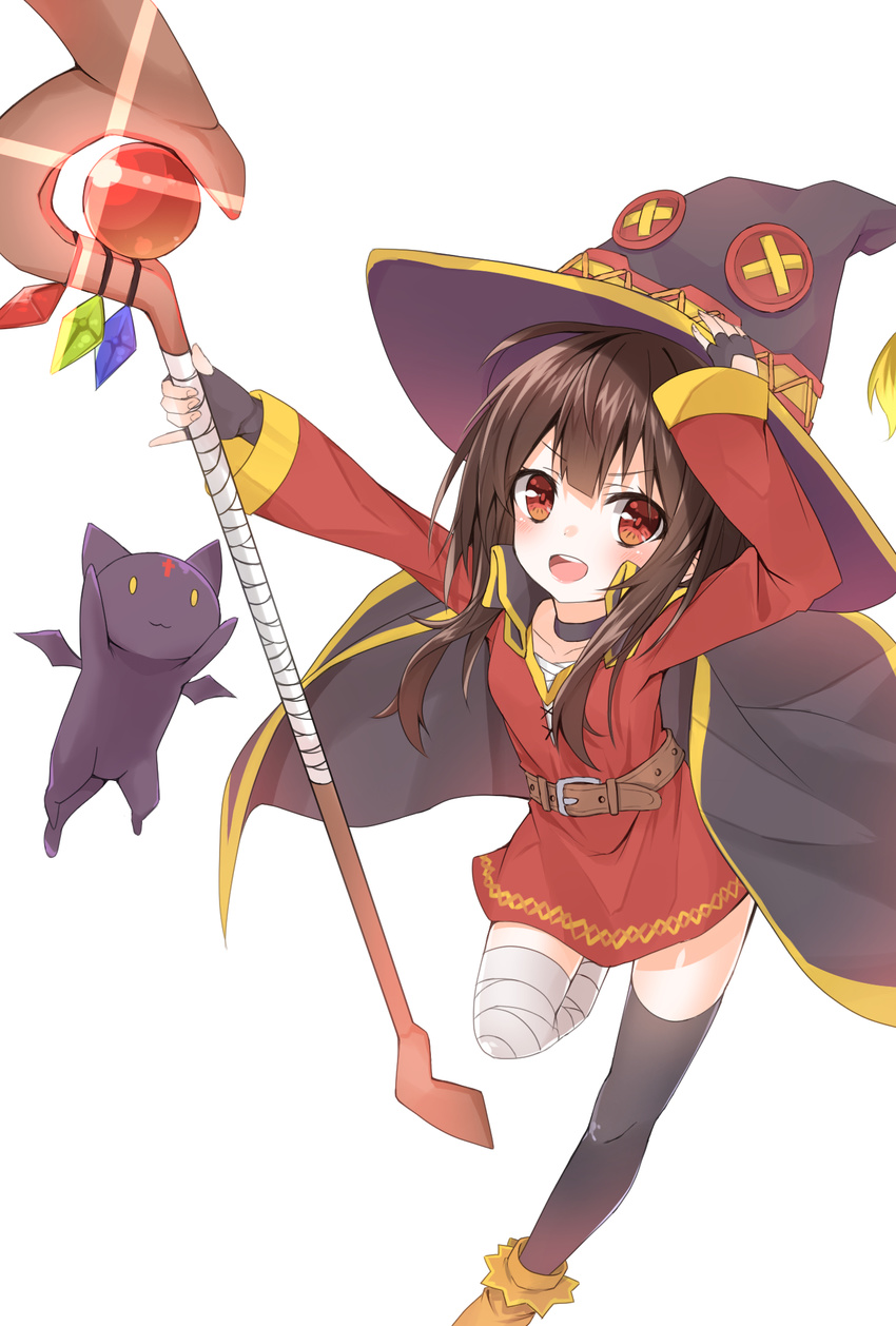 bandaged_leg bandages belt black_hair brown_hair button_eyes cape cat choker chomusuke commentary fingerless_gloves gloves hashiko_nowoto hat highres kono_subarashii_sekai_ni_shukufuku_wo! megumin mismatched_legwear pose red_eyes short_hair_with_long_locks single_thighhigh staff thighhighs white_background witch_hat