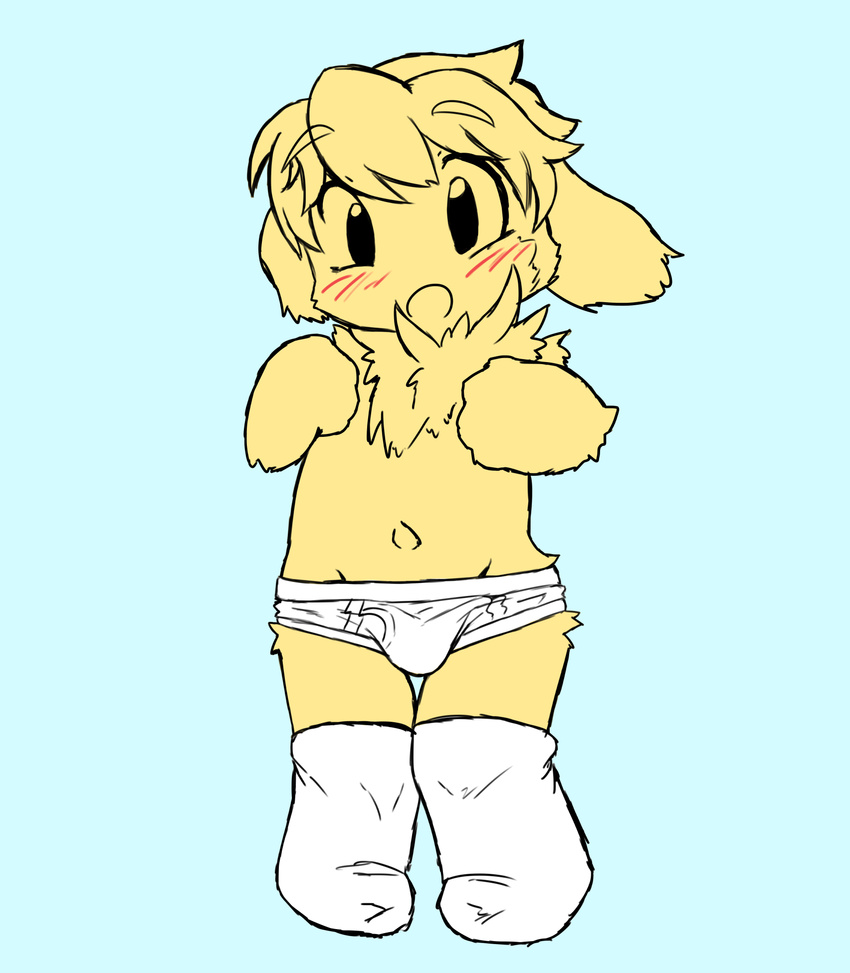 blush briefs bulge child clothing cub fur lagomorph male mammal navel open_mouth overalls rabbit saru_gundan simple_background solo standing stocks underwear yellow_fur young