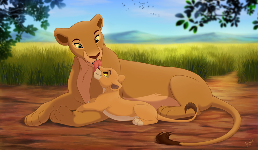 blue_eyes brown_eyes cub cute daughter detailed_background disney duo feline female feral fur grass hi_res kiara licking licking_face lion lying mammal mother mother_and_daughter multicolored_fur nala on_front orange_fur parent reallynxgirl savanna smile tan_fur the_lion_king tongue tongue_out two_tone_fur yellow_sclera young