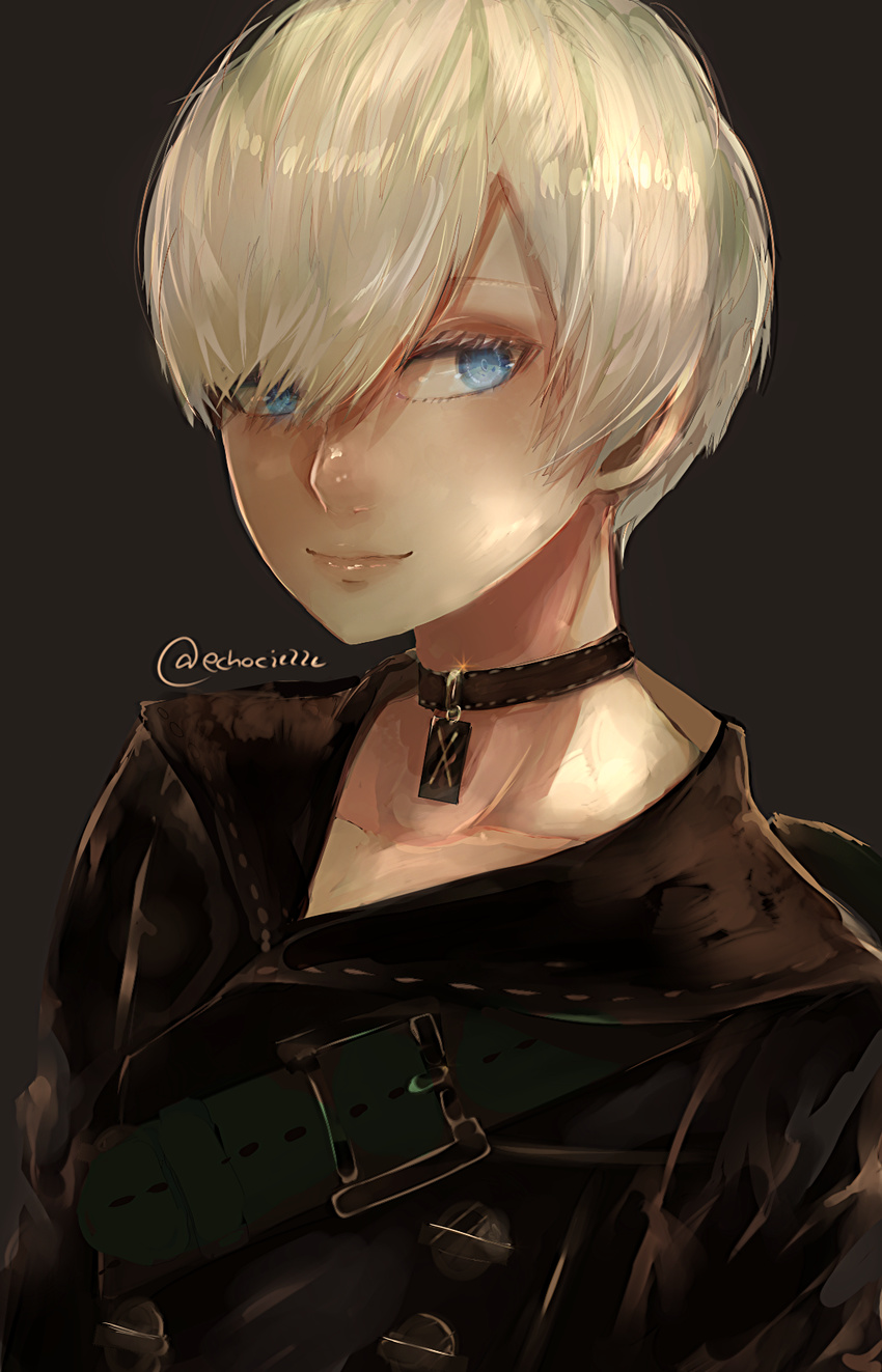 black_background blue_eyes closed_mouth highres looking_at_viewer lumicakes male_focus nier_(series) nier_automata simple_background smile solo upper_body white_hair yorha_no._9_type_s