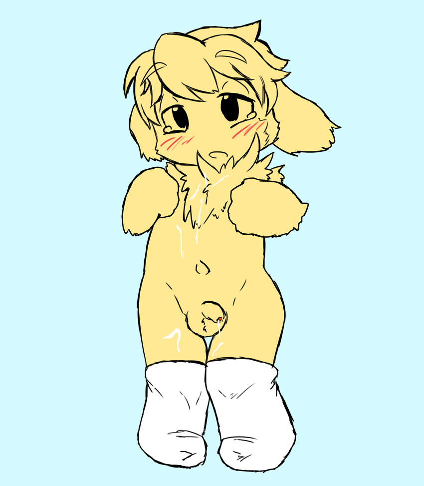 anthro balls blush child clothing cub cum cum_on_chest cum_on_leg cum_string flaccid foreskin fur humanoid_penis lagomorph legwear male mammal navel nude partially_retracted_foreskin penis post_orgasm rabbit saru_gundan simple_background socks solo standing ttears uncut young