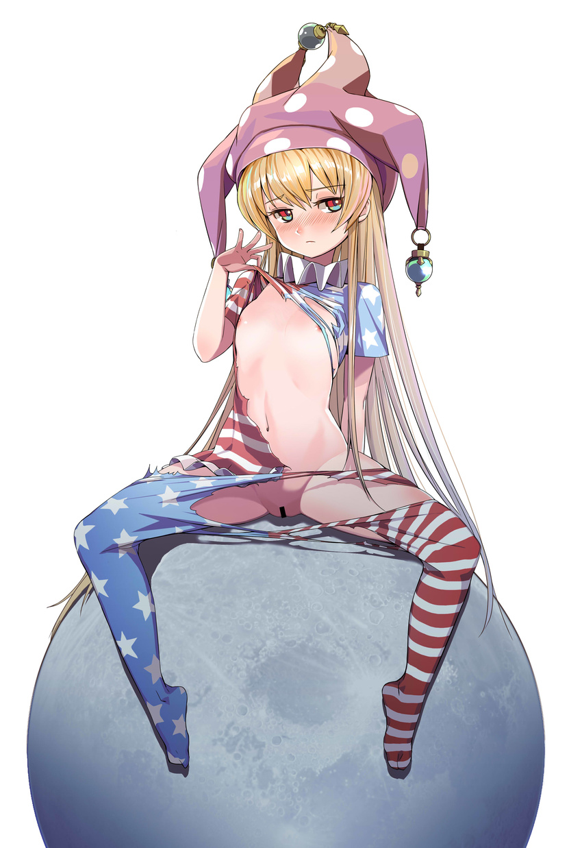 absurdres american_flag_dress american_flag_legwear arm_support bad_id bad_pixiv_id bangs bar_censor blonde_hair blue_eyes blush breasts censored clownpiece ddism dress eyebrows_visible_through_hair full_body half-closed_eyes hat highres jester_cap long_hair looking_at_viewer moon multicolored multicolored_eyes navel neck_ruff nipples pantyhose polka_dot polka_dot_hat purple_hat red_eyes shiny shiny_hair short_dress short_sleeves simple_background sitting small_breasts solo sphere spread_legs star star_print striped striped_dress torn_clothes torn_dress torn_legwear touhou very_long_hair white_background