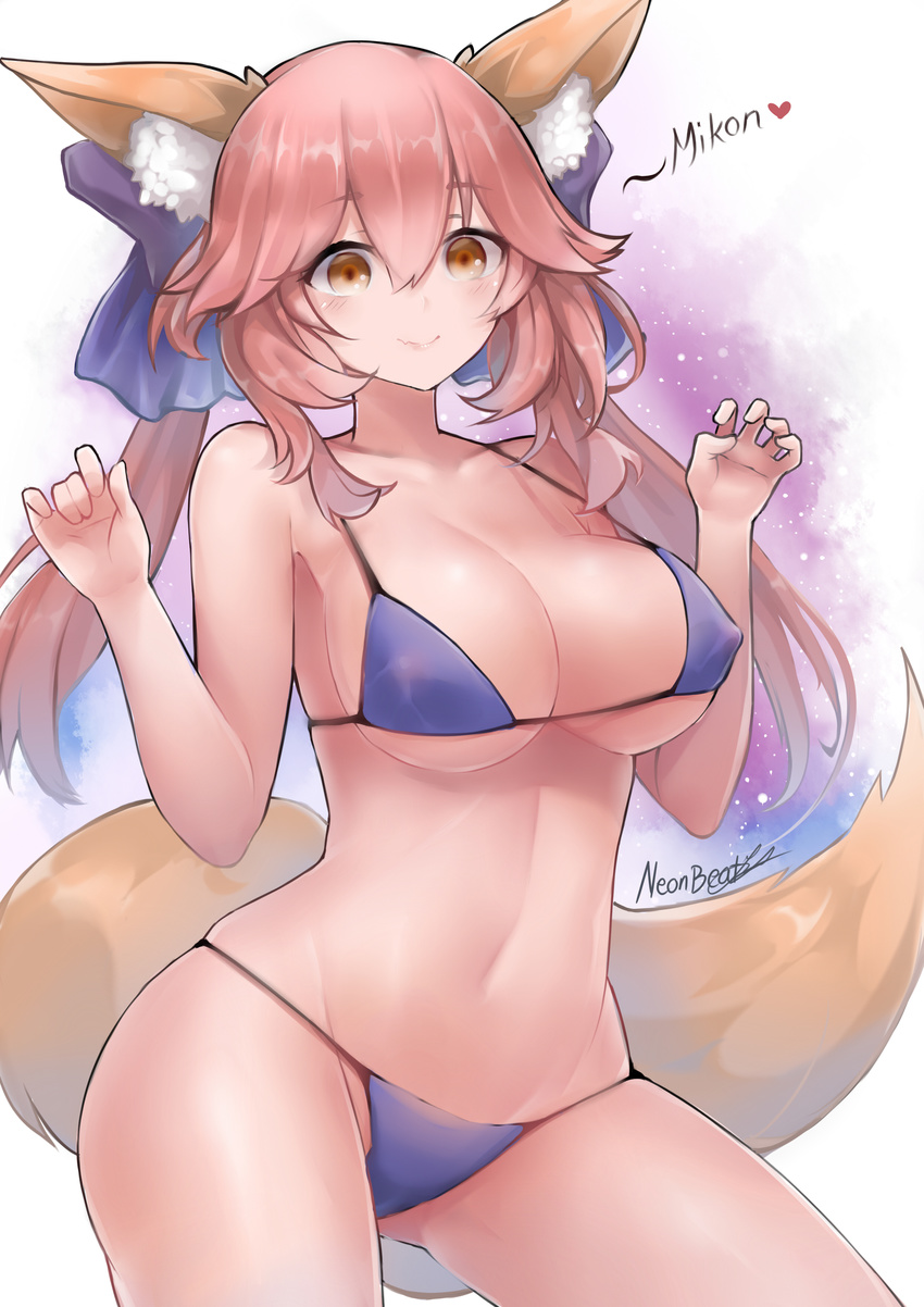 animal_ears bikini caster_(fate/extra) cleavage fate/extra fate/grand_order fate/stay_night kitsune neon_beat signed swimsuits tail underboob