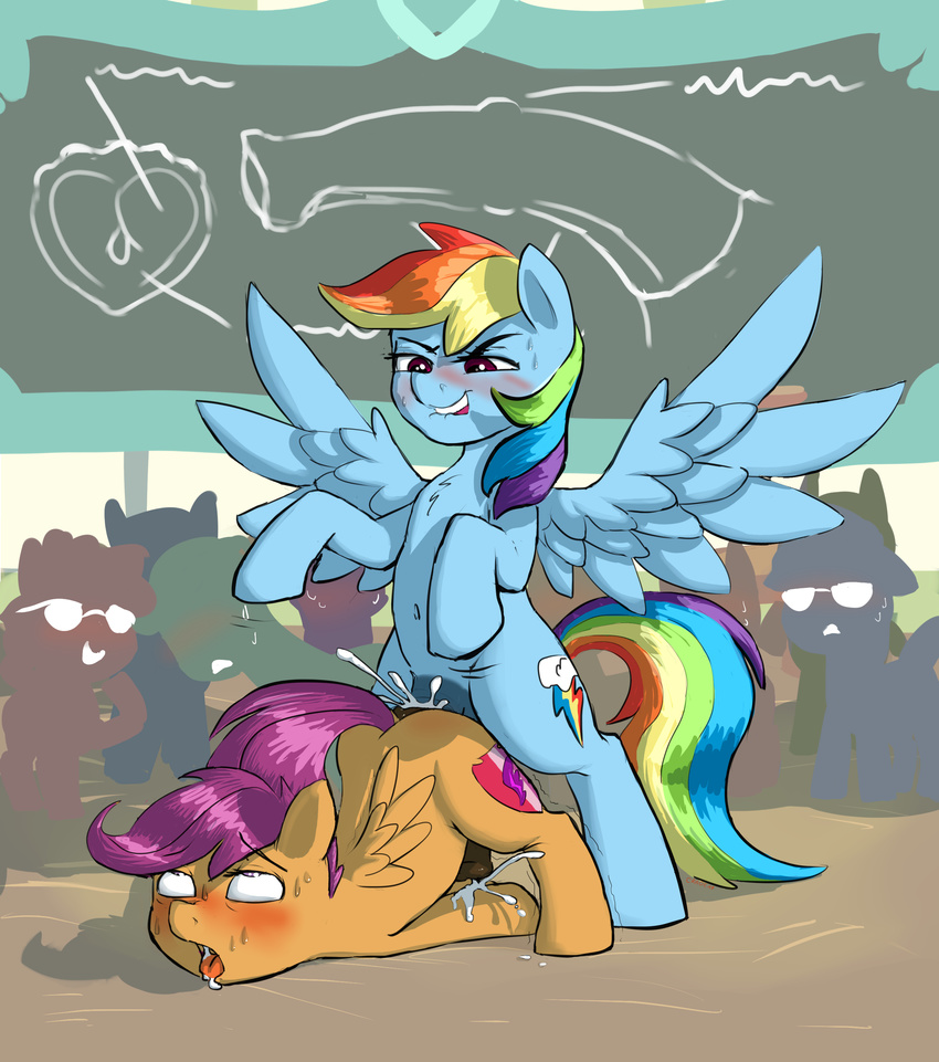 2017 absurd_res blush cradeelcin crossgender cum cutie_mark duo_focus equine feathered_wings feathers friendship_is_magic group hair hi_res hooves male mammal multicolored_hair my_little_pony navel pegasus penetration penis rainbow_dash_(mlp) rainbow_hair scootaloo_(mlp) sex spread_wings sweat wings young