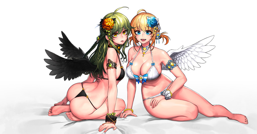 :d :p ahoge angel angel_and_devil angel_wings arm_support armlet ass back bangs bare_arms bare_legs bare_shoulders barefoot bead_bracelet beads bikini black_bikini black_wings blonde_hair blue_bow blue_eyes blue_flower blush bow bow_bikini bracelet braid breasts cain_(gunnermul) choker cleavage collarbone commentary eyebrows_visible_through_hair fang feathered_wings feet fingernails flower from_behind front-tie_bikini front-tie_top full_body green_hair hair_between_eyes hair_flower hair_ornament hand_on_lap highres jewelry large_breasts long_hair looking_at_viewer looking_back midriff multiple_girls navel necklace on_bed open_mouth orange_flower original scrunchie short_hair side_braid sitting sitting_on_bed small_breasts smile soles spread_wings stomach swimsuit thong_bikini toenails toes tongue tongue_out two_side_up wavy_hair white_bikini white_wings wings wrist_scrunchie yokozuwari